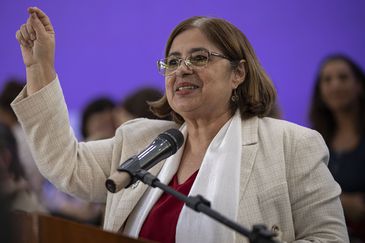 Brasília (DF) 03/07/2023 - A ministra das mulheres, Cida Gonçalves durante Cerimônia de Sanção ao Projeto de Lei nº 1085/2023, que trata da igualdade salarial e remuneratória entre mulheres e homens, nesta segunda feira na Base aérea de Brasília.
Foto: Joédson Alves/Agência Brasil
